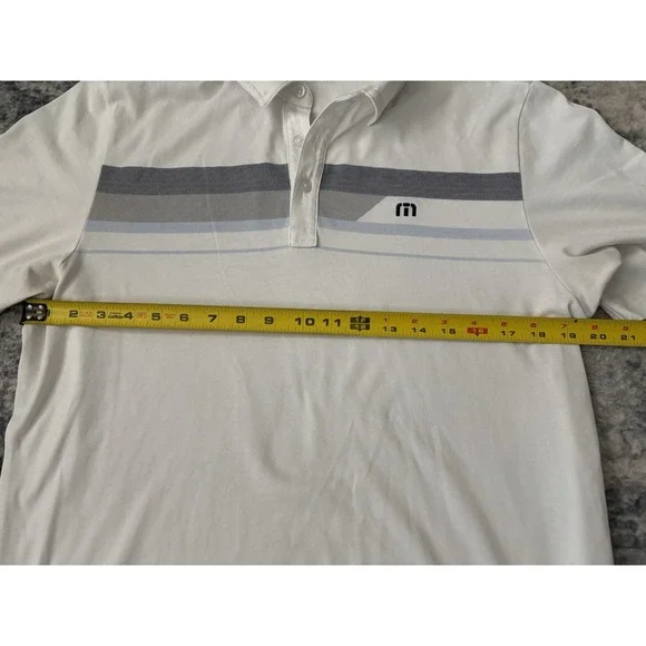 Travis Mathew Polo Shirt‎ Mens Medium White Striped Print Golf Short Sleeve Prep - Picture 6 of 11